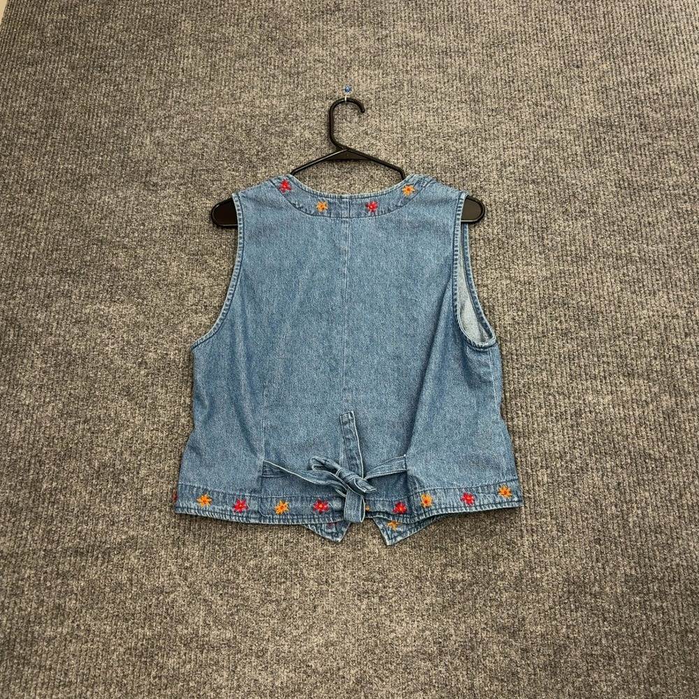 Vintage Orvis Vest Women L Blue Denim Floral Embroidered Cotton Boho Cottagecore - Picture 4 of 6